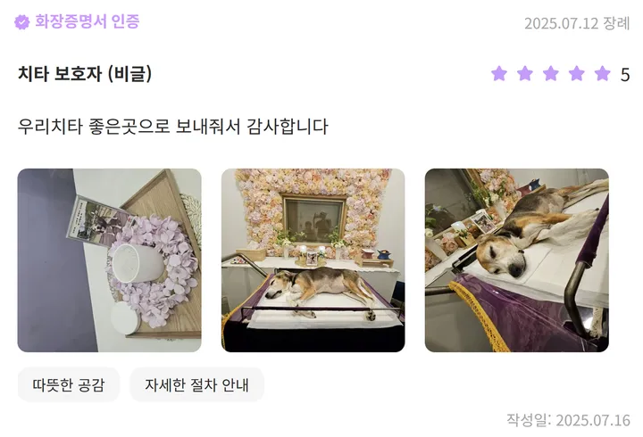 안산 강아지 장례 보호자 후기