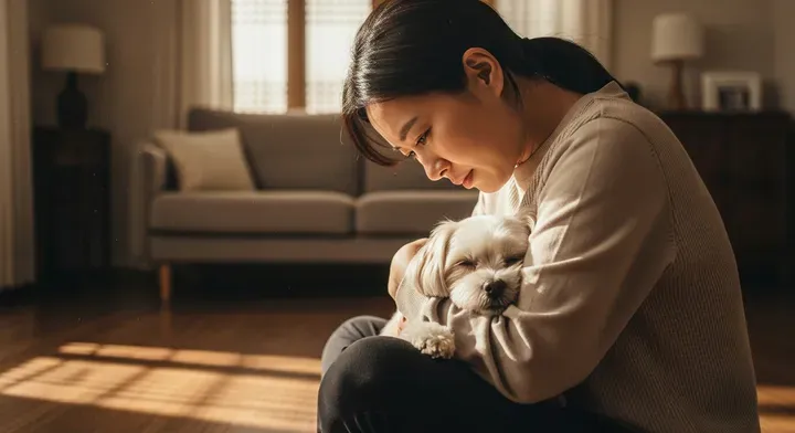 보호자가 반려견을 품에 안고 걱정하는 모습 — 부산 반려견 장례 안내