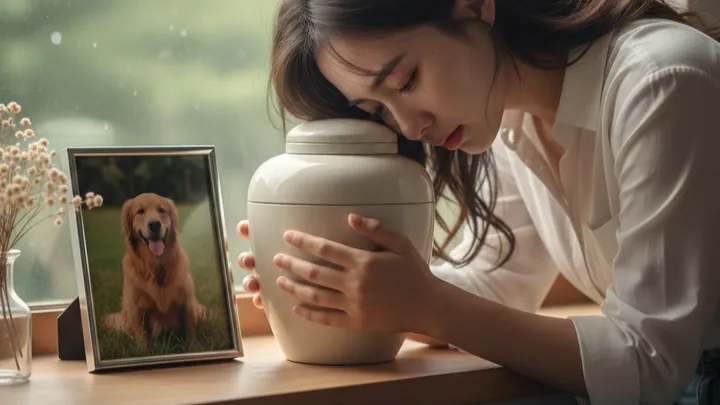 강아지 죽으면 처리 장례 후 유골함을 든 장면