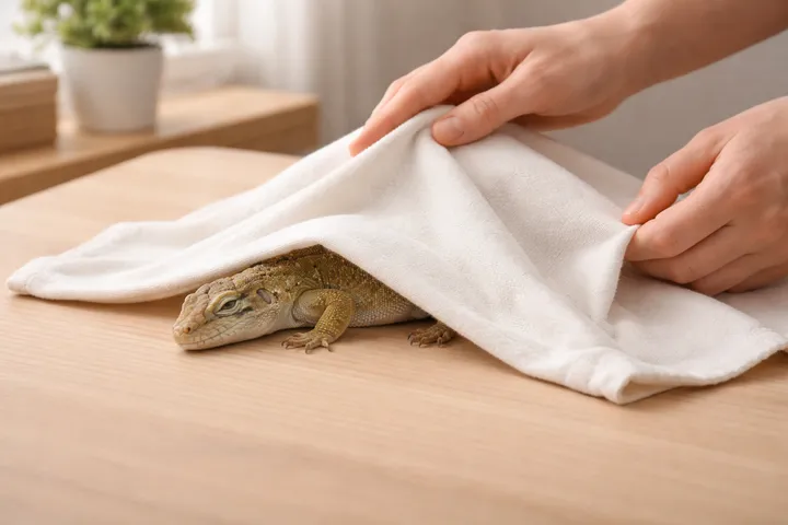 죽은 도마뱀 위에 천을 덮어주는 모습