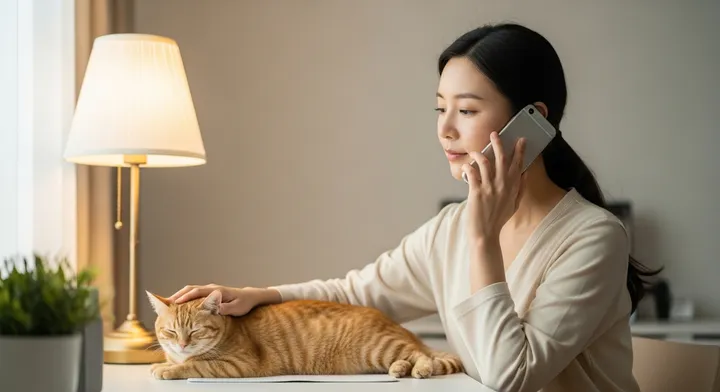 반려묘 장례비용 견적 전화 상담 중인 보호자와 고양이