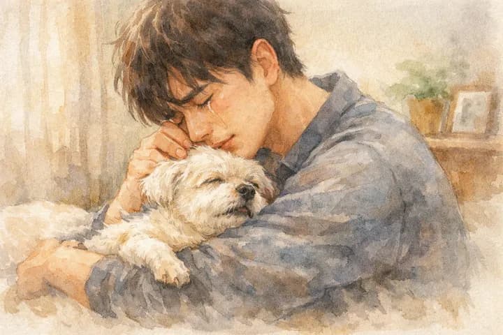 반려동물 장례 절차 전 슬퍼하는 보호자